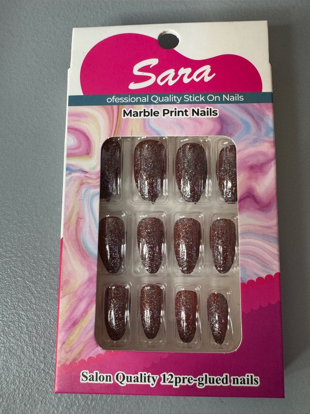 Sara Marble Print Press-On Nails in Brown with Silver Shimmer 12pcs